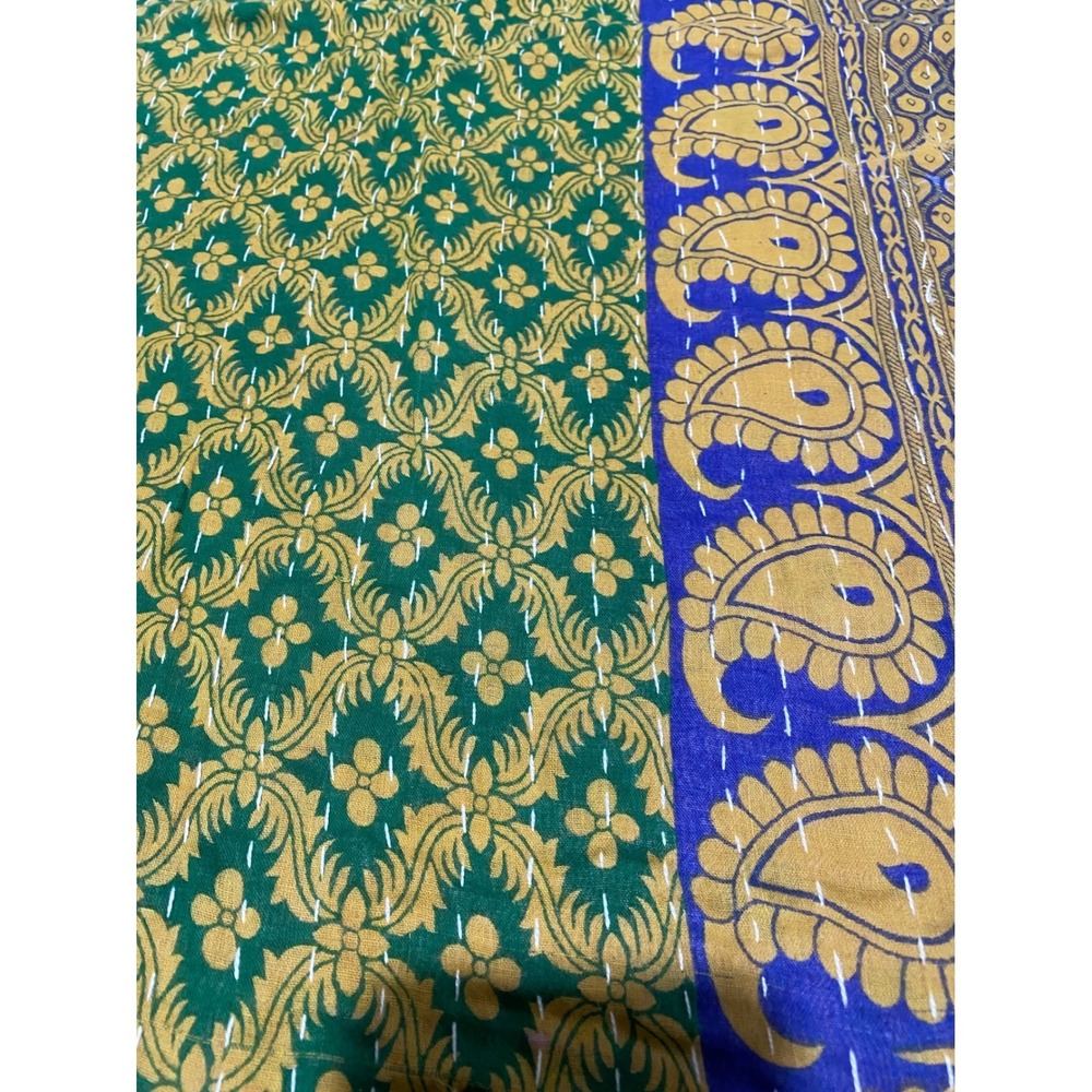 Kantha Quilt Reversible Cotton Twin Throw Blanket Green Blue Red Paisley Floral - Picture 2 of 8